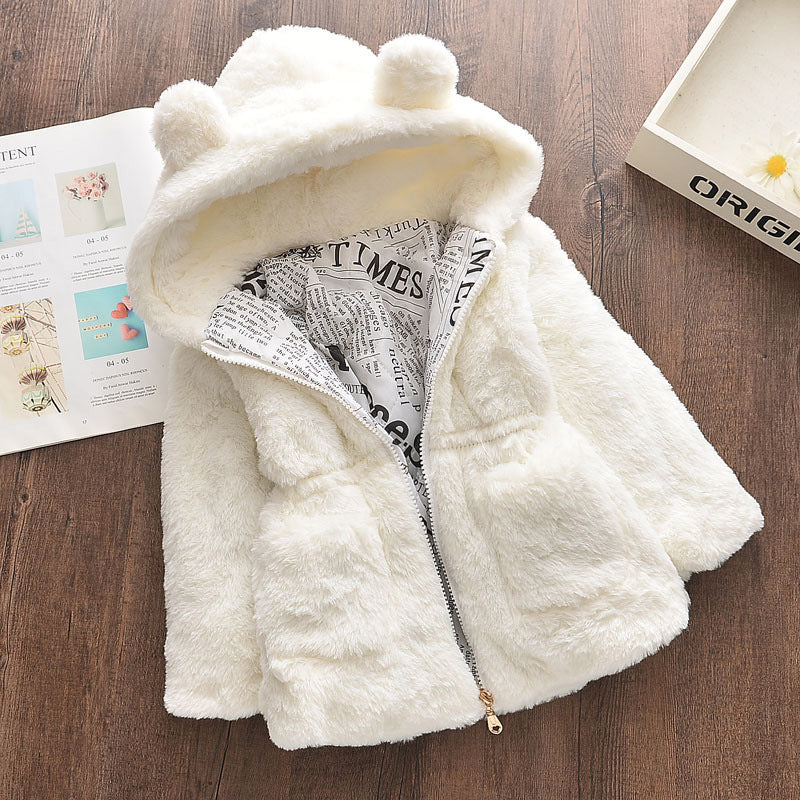 Girls' autumn new arrivals winter faux fur jacket solid color thickened cotton-padded coat fluffy cotton-padded jacket with ear flap hood