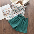 Summer korean style girls' outfit: flutter sleeve floral print top + loose solid color shorts two-piece set