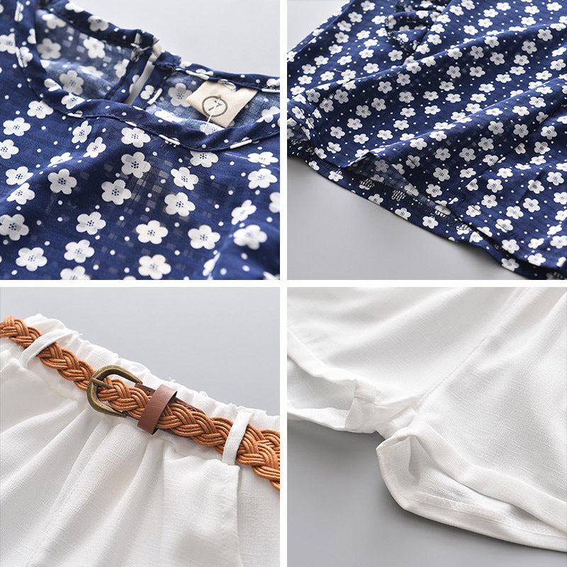 European and american style spring/summer new korean girl's floral sleeveless t-shirt and shorts refreshing outfit set (includes belt)