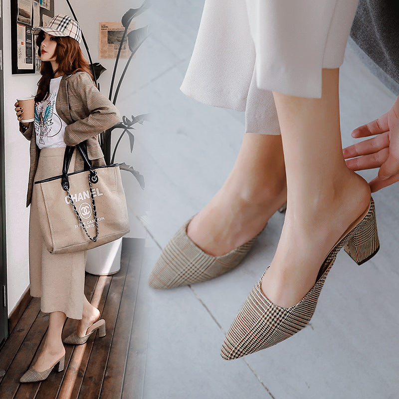 Slippers women's summer outer wear 2019 new Korean version of fashion personalized bag head half slippers thick heel pointed high heel cool slippers