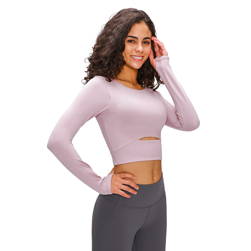 European and american new style padded sports long sleeve t-shirt, fashionable cropped fit, outdoor running slim yoga top for women s2032