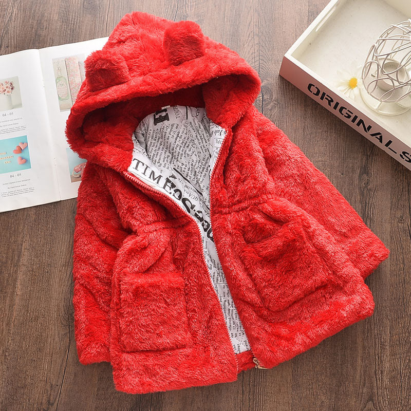 Girls' autumn new arrivals winter faux fur jacket solid color thickened cotton-padded coat fluffy cotton-padded jacket with ear flap hood