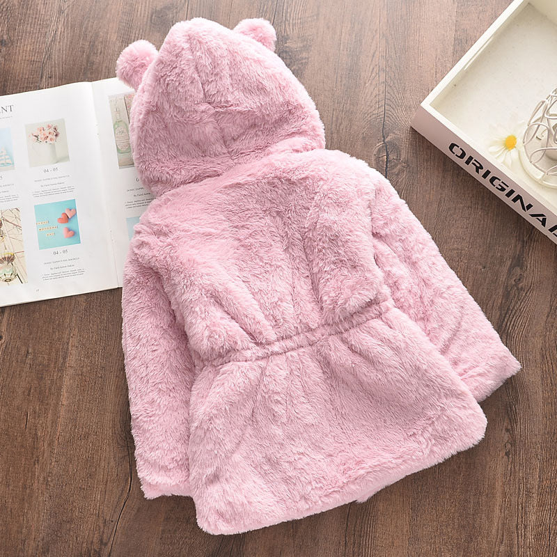 Girls' autumn new arrivals winter faux fur jacket solid color thickened cotton-padded coat fluffy cotton-padded jacket with ear flap hood
