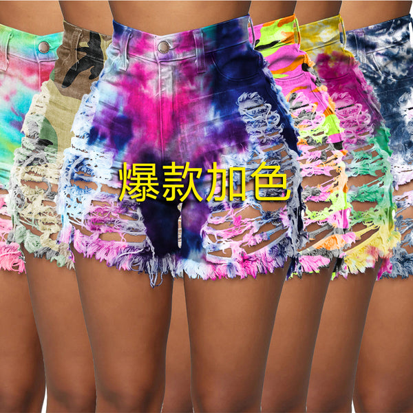 S3846 Cross-border wholesale European and American ripped sexy cut hollow button tie-dye printed denim shorts