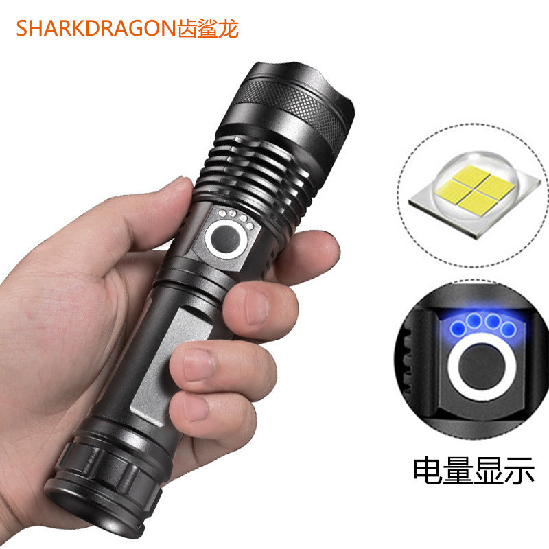 Cross-border new P50 strong light flashlight USB charging aluminum alloy power display telescopic zoom LED flashlight