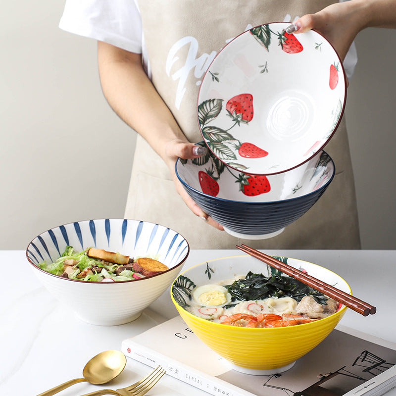 Retro japanese style hat ramen instant noodle bowl salad bowl ceramic tableware for home large soup bowl underglaze color trumpet bowl