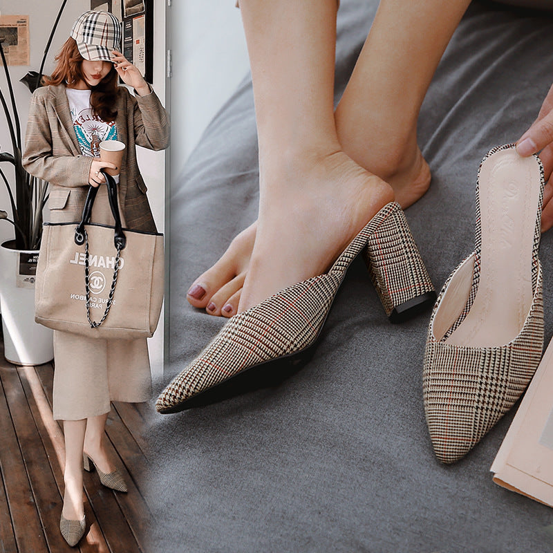 Slippers women's summer outer wear 2019 new Korean version of fashion personalized bag head half slippers thick heel pointed high heel cool slippers