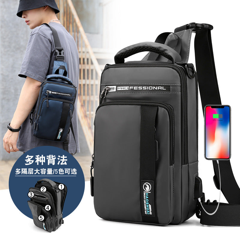 Haoshuai new outdoor multi-functional men's breast bag trendy shoulder messenger bag USB charging backpack men's bag