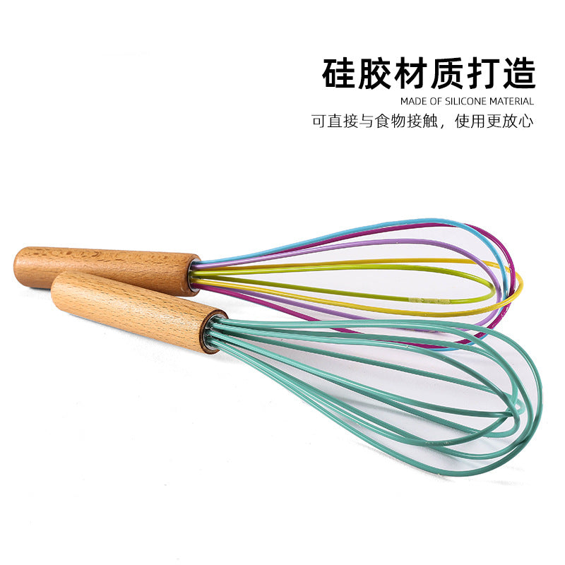Factory in stock stainless steel handheld manual wooden handle egg whisk mixer 10inch silicone wire beech wood handle