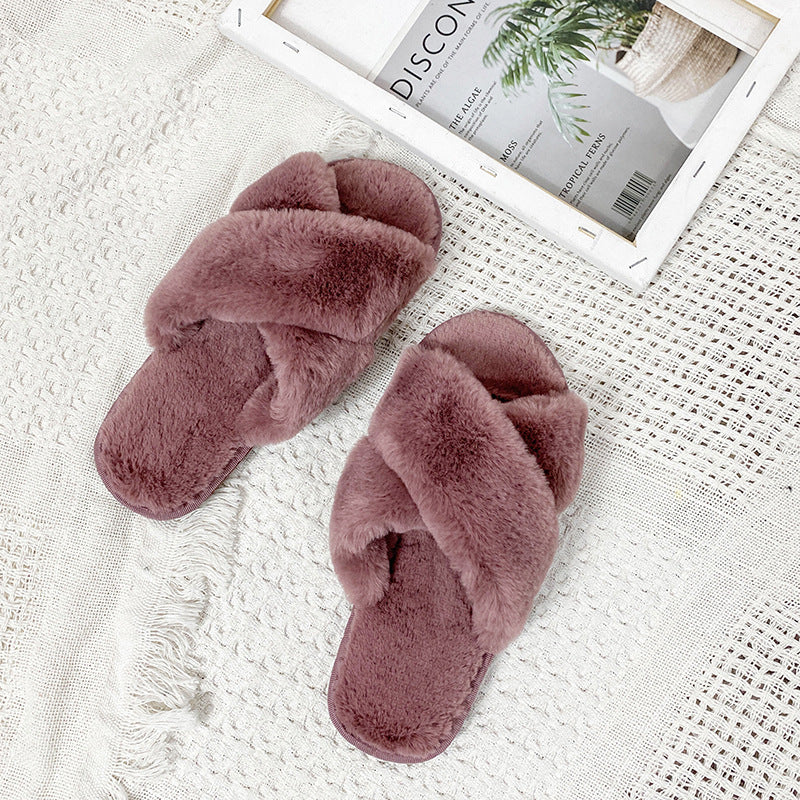 Crossed fur slippers for women 2024fall and winternew arrivalk-stylefashionslimming look one-piece cotton slippers trendyflats slippers for women