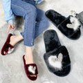 2024 new fuzzy slippers for women, autumn/winter outdoor wear, fashionable open-toe warm real fur heart-shaped trendy thong sandals