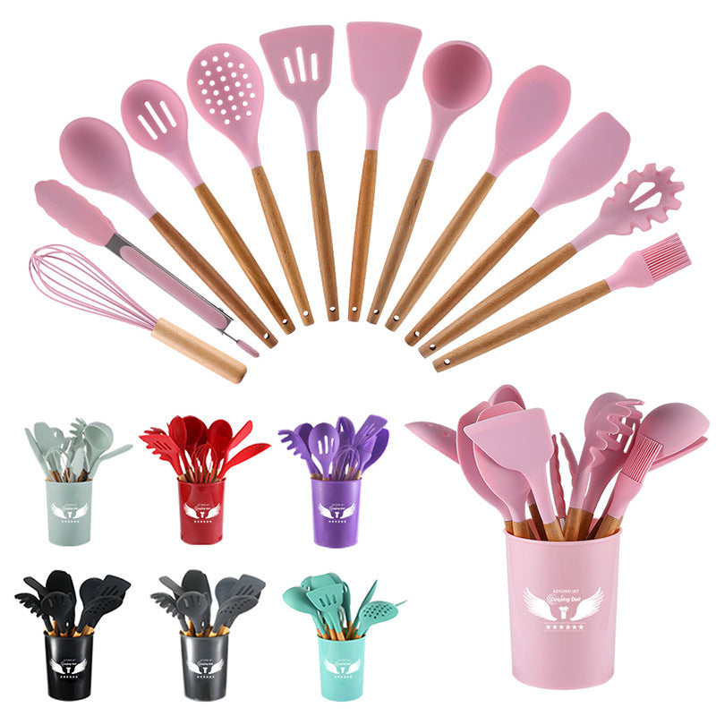 11-piece silicone kitchen utensil set with wooden handles - non-stick spatulas, spoons, and cooking tools with utensil organizer bucket - 12-piece silicone cookware set