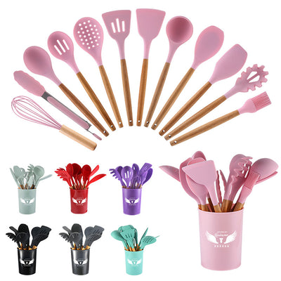 11-piece silicone kitchen utensil set with wooden handles - non-stick spatulas, spoons, and cooking tools with utensil organizer bucket - 12-piece silicone cookware set