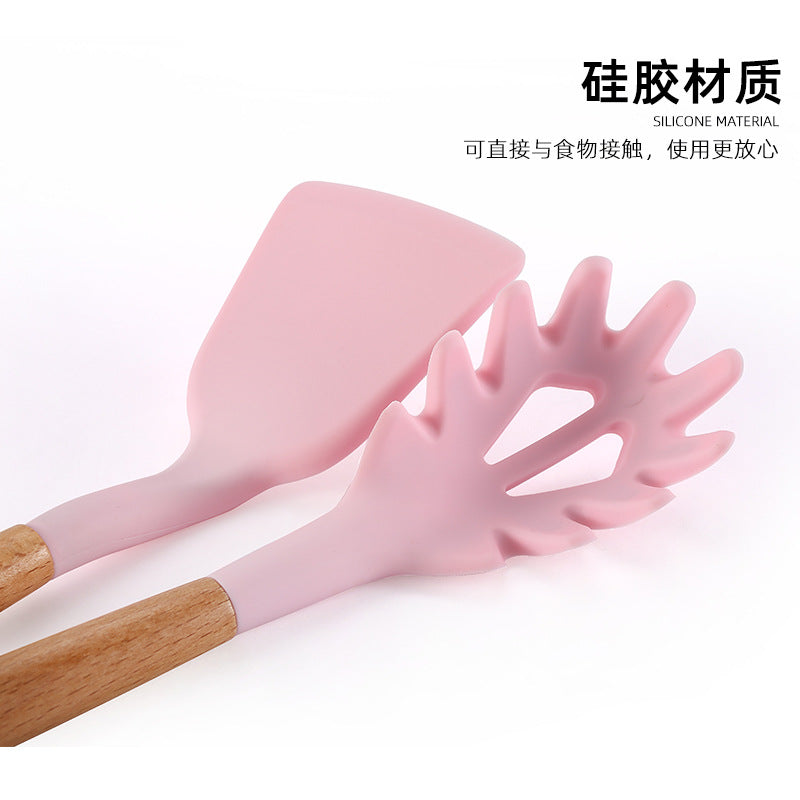 11-piece silicone kitchen utensil set with wooden handles - non-stick spatulas, spoons, and cooking tools with utensil organizer bucket - 12-piece silicone cookware set