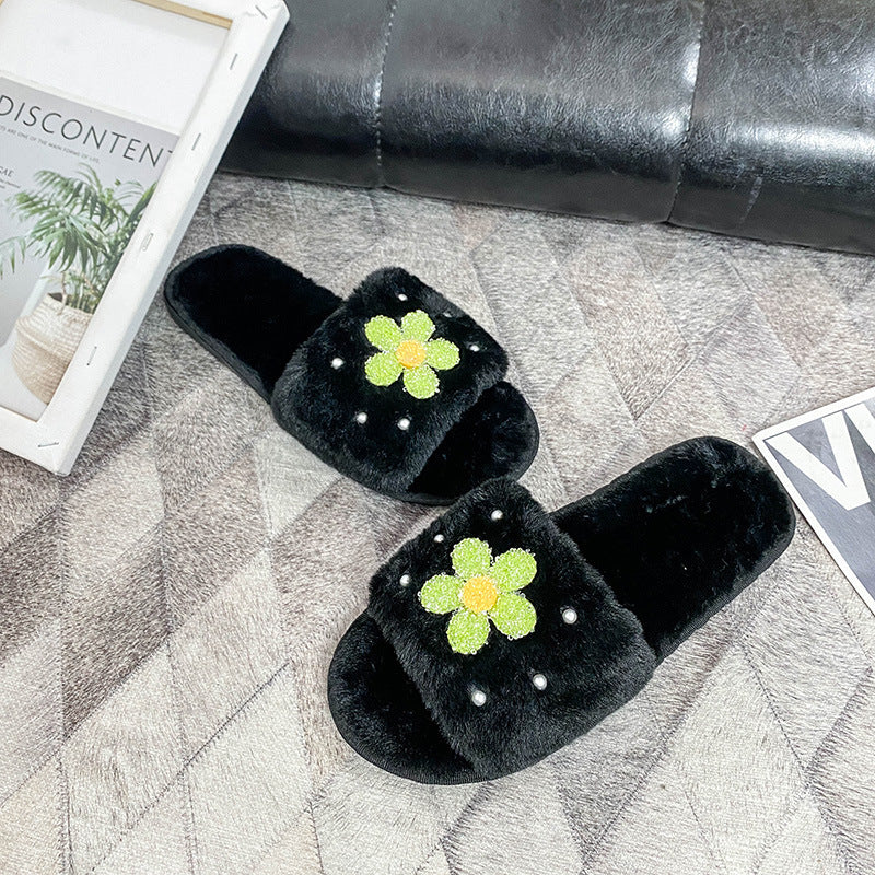 Furry slippers women's outwear popular same style 2024 new autumn and winter pearl flower furry slippers cute stuffed cotton slippers
