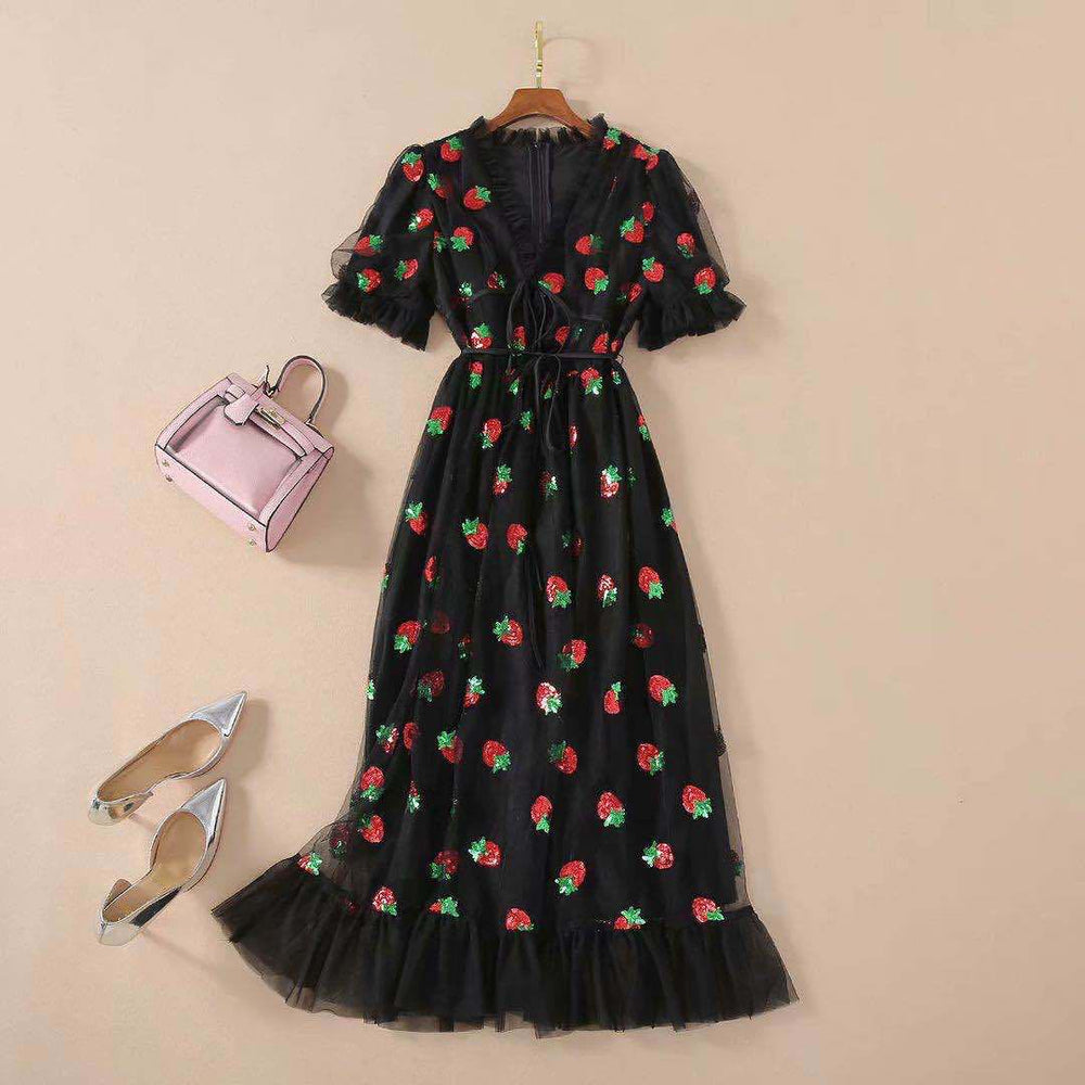 cross-border french strawberry sequin sweet maxi dress - four colors, mesh overlay, tie-waist, slim-fit fashion dress