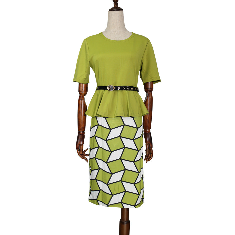 Kayat cross-border sourcing: african women's bright geometric print round neck pencil skirt suit with belt