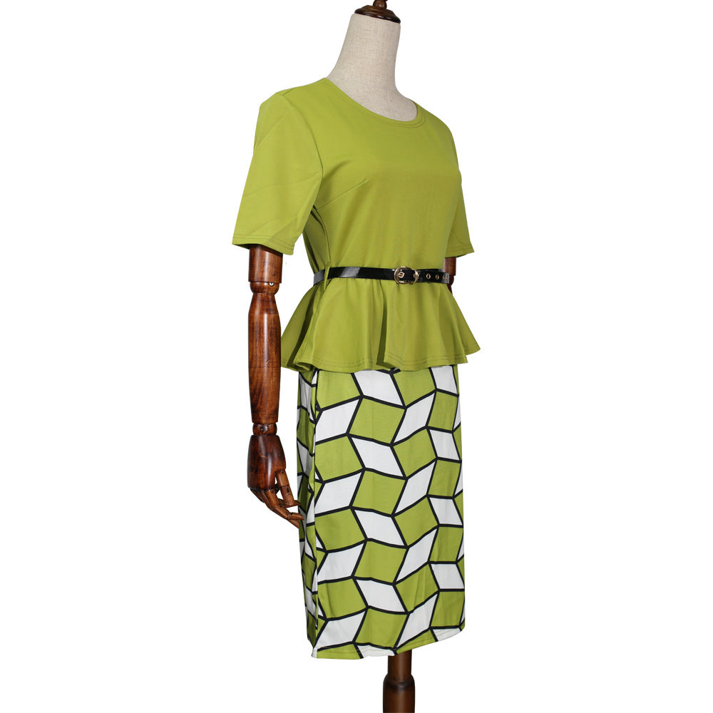 Kayat cross-border sourcing: african women's bright geometric print round neck pencil skirt suit with belt