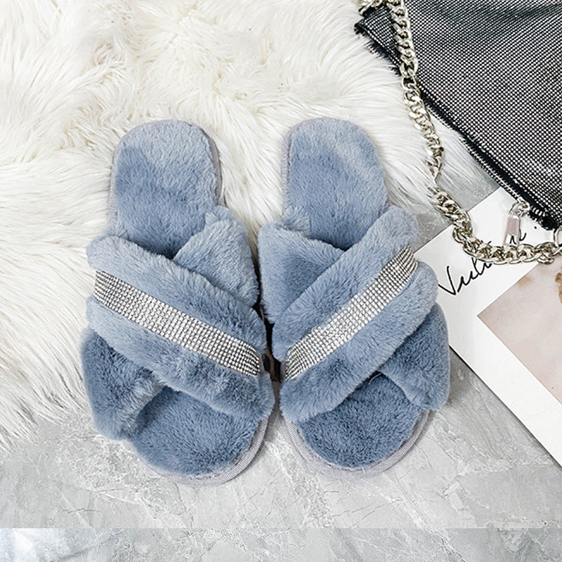 Autumn winter women's home cotton slippers open heattech rhinestone flats fur women's shoes k-style cross one-line slippers
