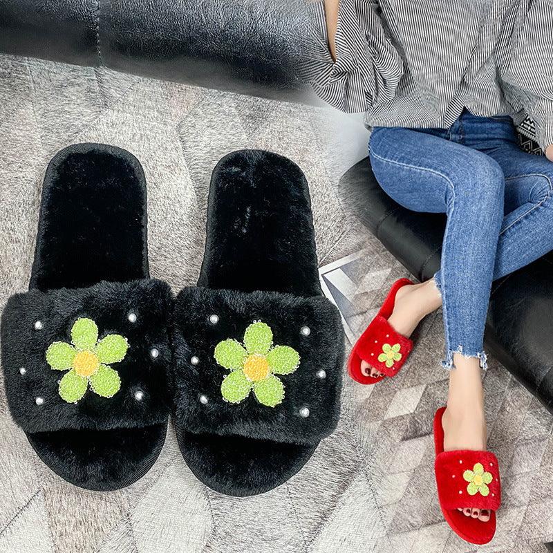 Furry slippers women's outwear popular same style 2024 new autumn and winter pearl flower furry slippers cute stuffed cotton slippers