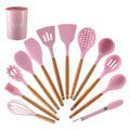 11-piece silicone kitchen utensil set with wooden handles - non-stick spatulas, spoons, and cooking tools with utensil organizer bucket - 12-piece silicone cookware set