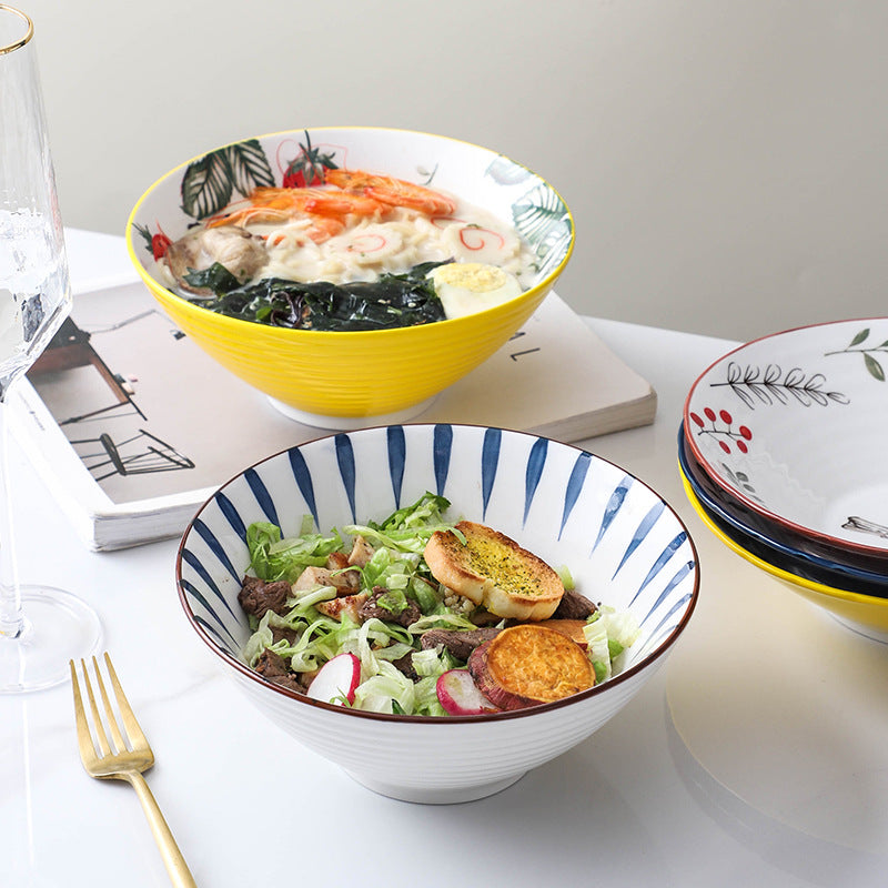Retro japanese style hat ramen instant noodle bowl salad bowl ceramic tableware for home large soup bowl underglaze color trumpet bowl