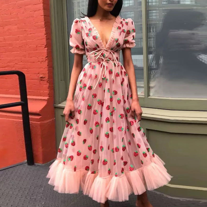 cross-border french strawberry sequin sweet maxi dress - four colors, mesh overlay, tie-waist, slim-fit fashion dress