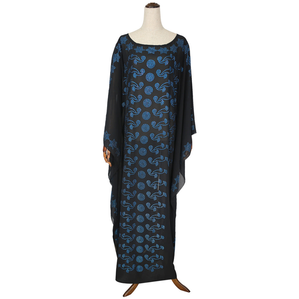 african plus size women's round neck dress heavy industry hot diamond bat sleeve loose long robe