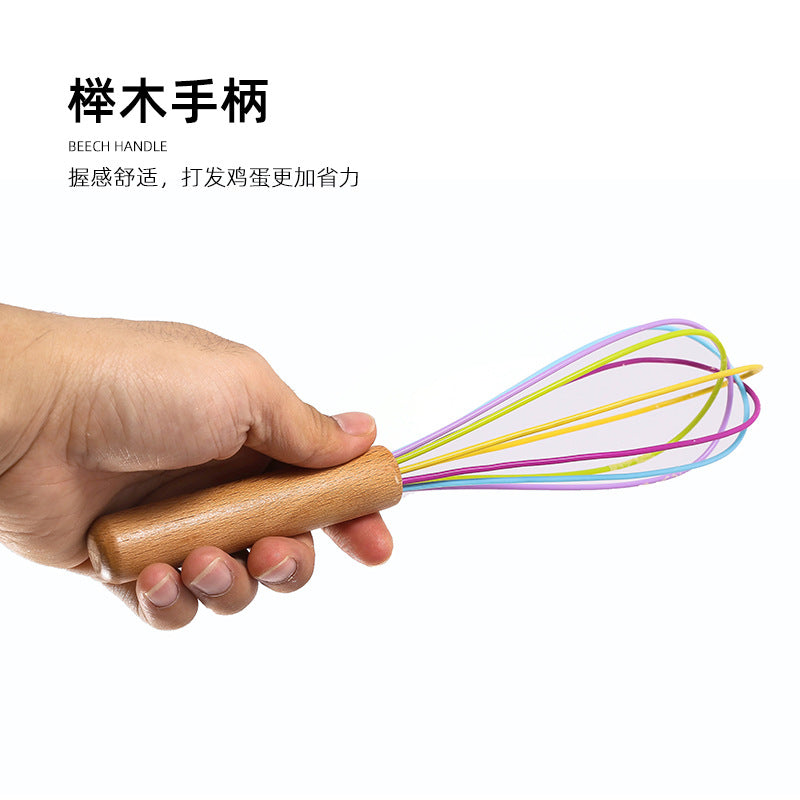 Factory in stock stainless steel handheld manual wooden handle egg whisk mixer 10inch silicone wire beech wood handle