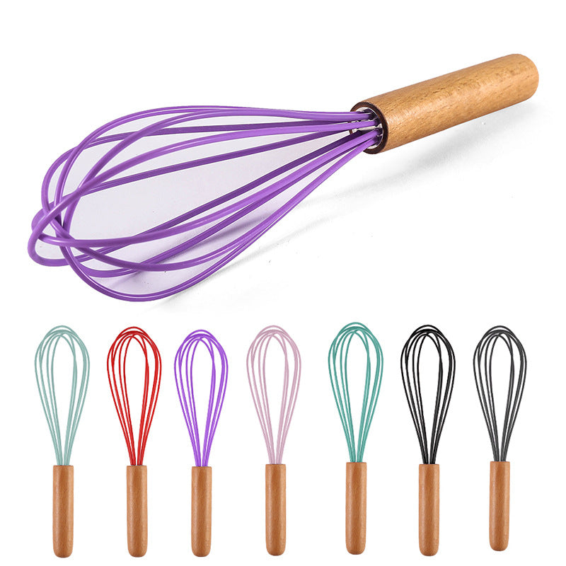 Factory in stock stainless steel handheld manual wooden handle egg whisk mixer 10inch silicone wire beech wood handle
