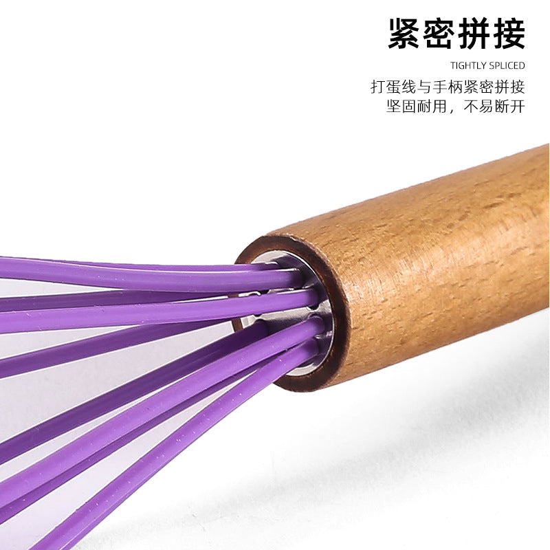 Factory in stock stainless steel handheld manual wooden handle egg whisk mixer 10inch silicone wire beech wood handle