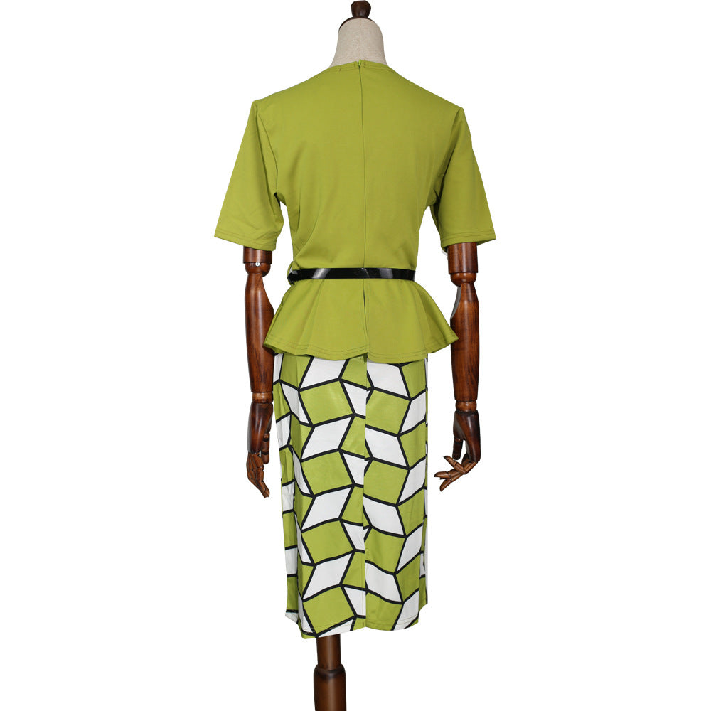 Kayat cross-border sourcing: african women's bright geometric print round neck pencil skirt suit with belt