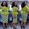 Kayat cross-border sourcing: african women's bright geometric print round neck pencil skirt suit with belt