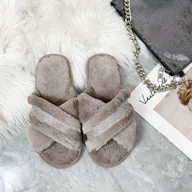 Autumn winter women's home cotton slippers open heattech rhinestone flats fur women's shoes k-style cross one-line slippers