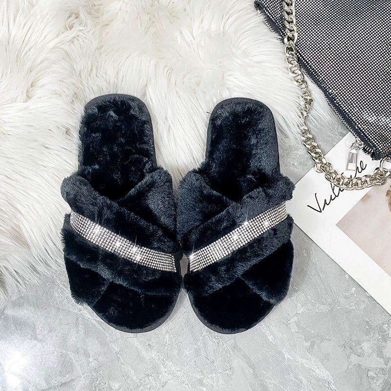 Autumn winter women's home cotton slippers open heattech rhinestone flats fur women's shoes k-style cross one-line slippers