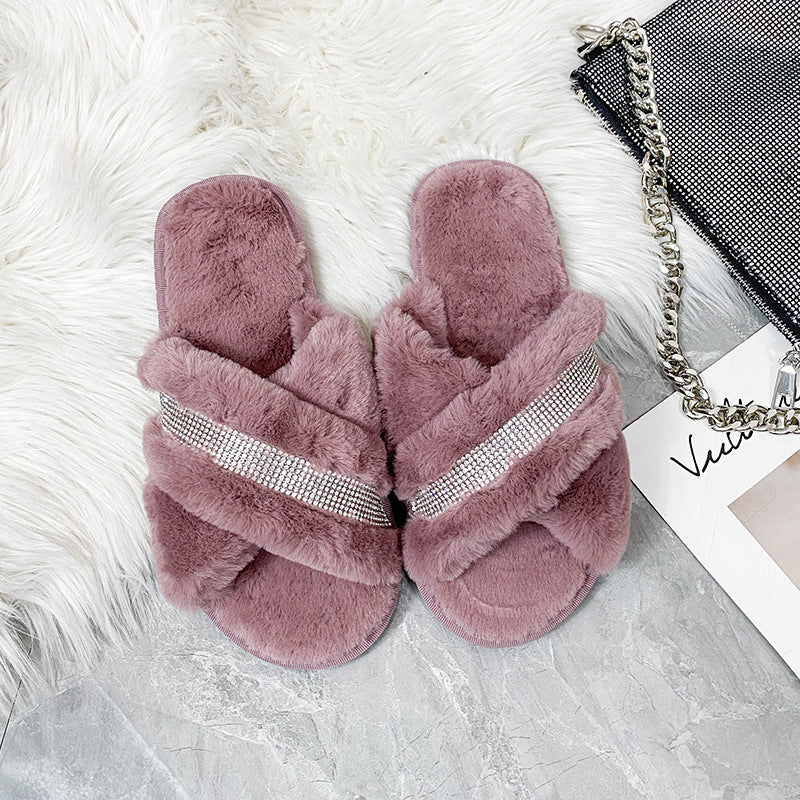 Autumn winter women's home cotton slippers open heattech rhinestone flats fur women's shoes k-style cross one-line slippers