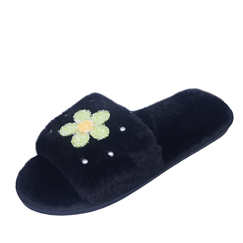 Furry slippers women's outwear popular same style 2024 new autumn and winter pearl flower furry slippers cute stuffed cotton slippers
