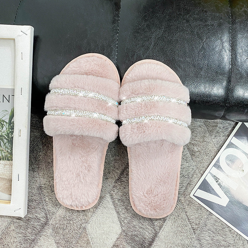Fall and winternew arrival rhinestone fur slippers women's fashionpopular pearl stuffed flip-flops home indoor floor cotton slippers