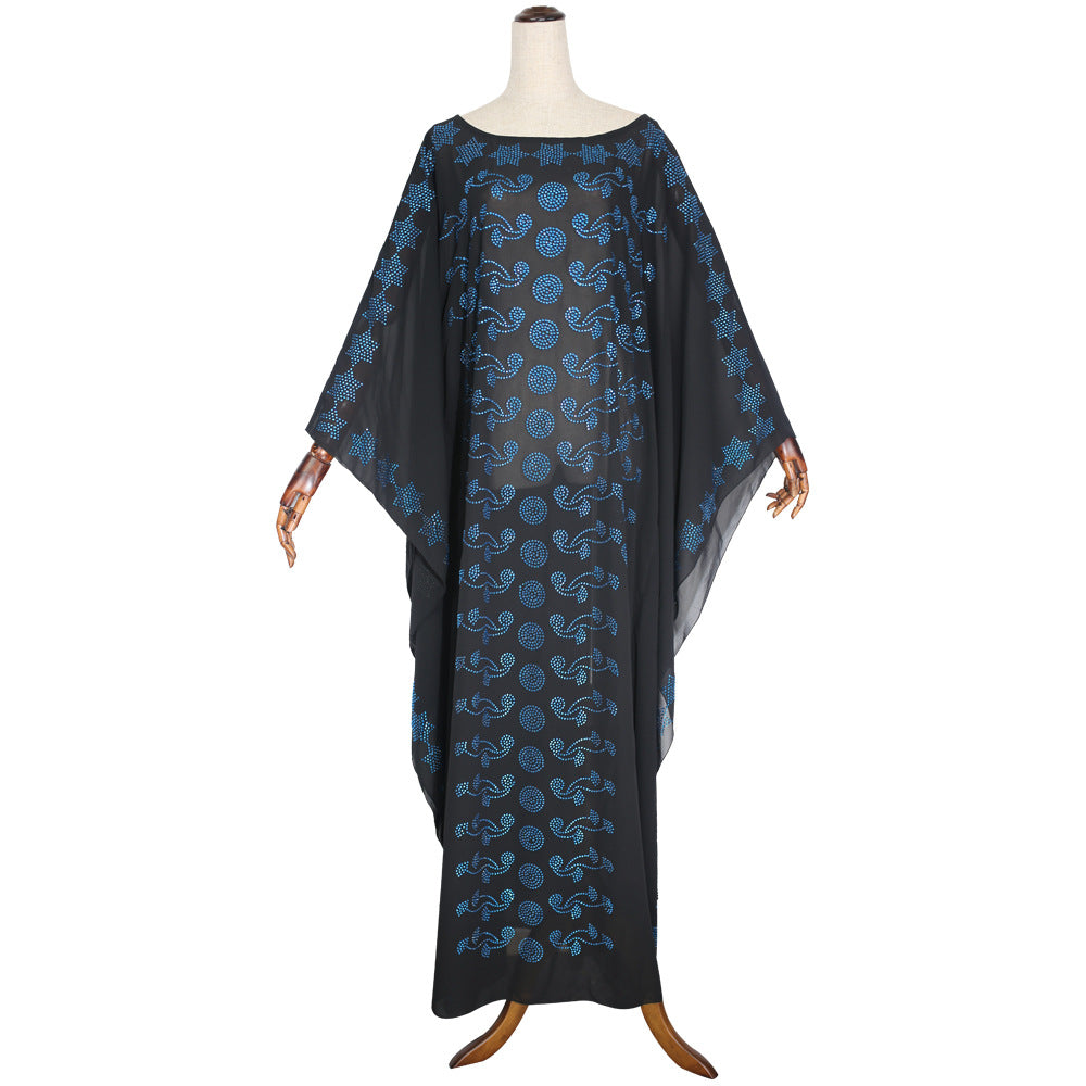 african plus size women's round neck dress heavy industry hot diamond bat sleeve loose long robe