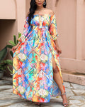 2025 spring/summer new collection: european & american style printed evening gown - v-neck, pullover, vintage long sleeve, high slit maxi dress