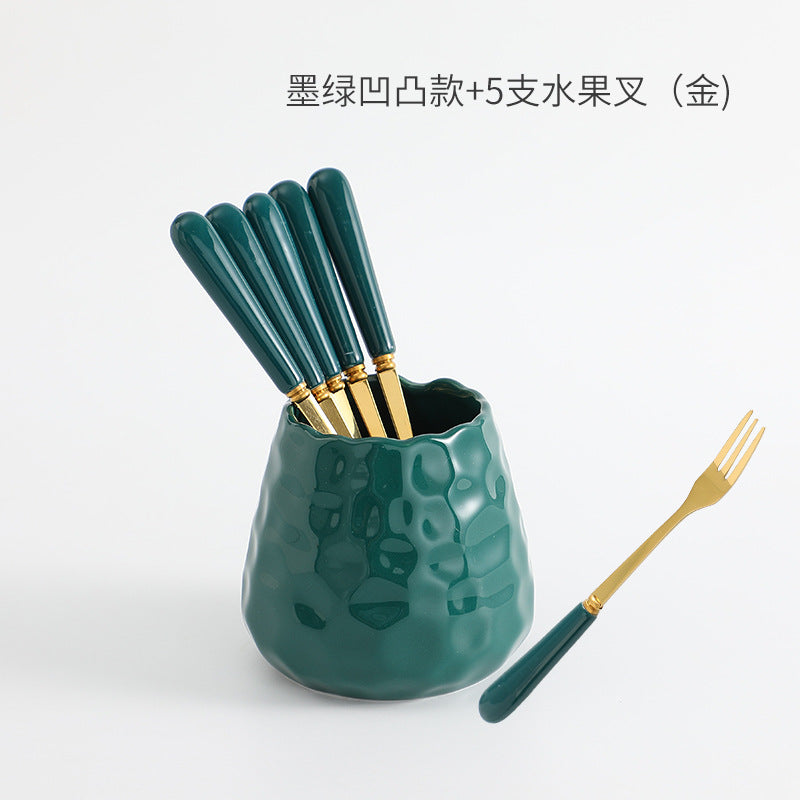 Nordic creative fruit fork spoon ceramic storage jar set - premium stainless steel fruit forks & home mooncake cutlery