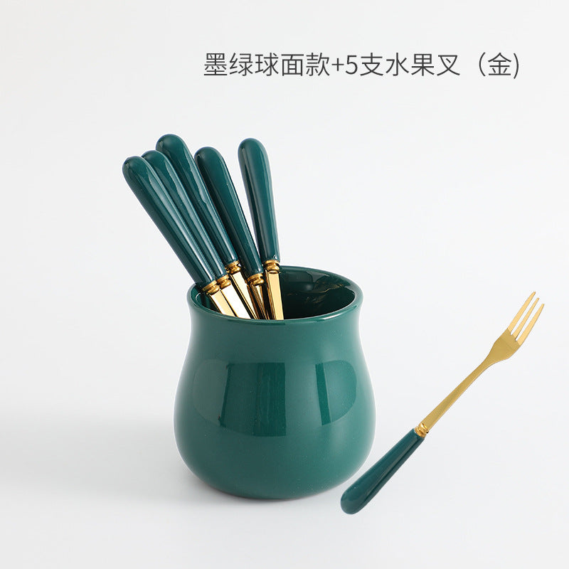 Nordic creative fruit fork spoon ceramic storage jar set - premium stainless steel fruit forks & home mooncake cutlery