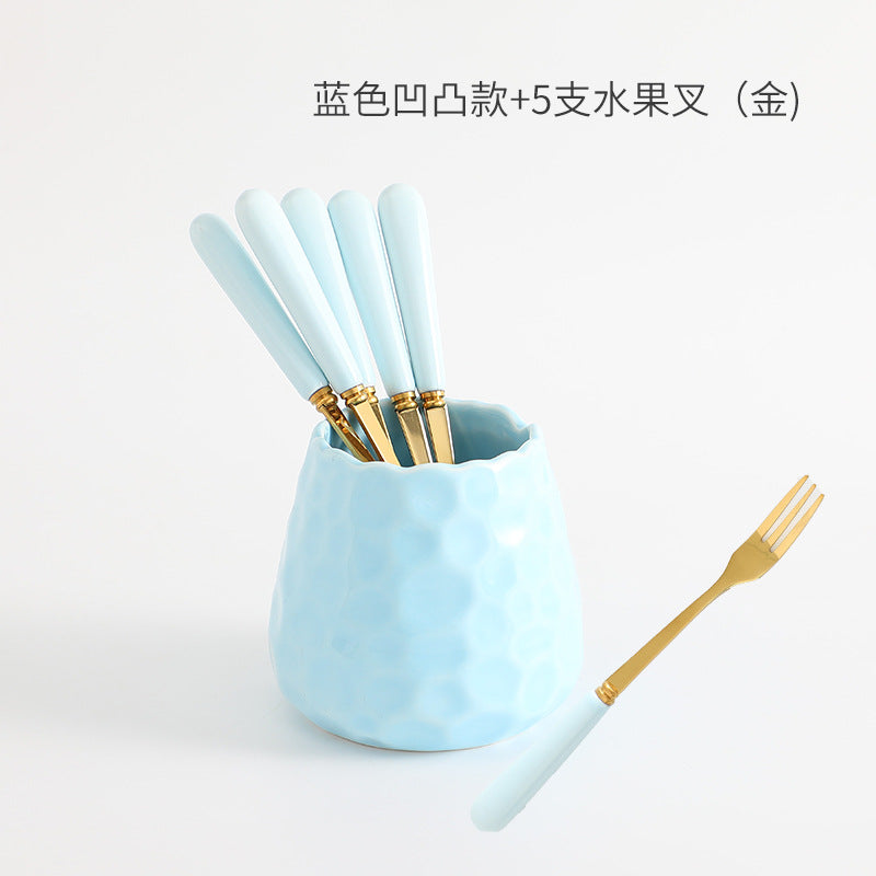 Nordic creative fruit fork spoon ceramic storage jar set - premium stainless steel fruit forks & home mooncake cutlery