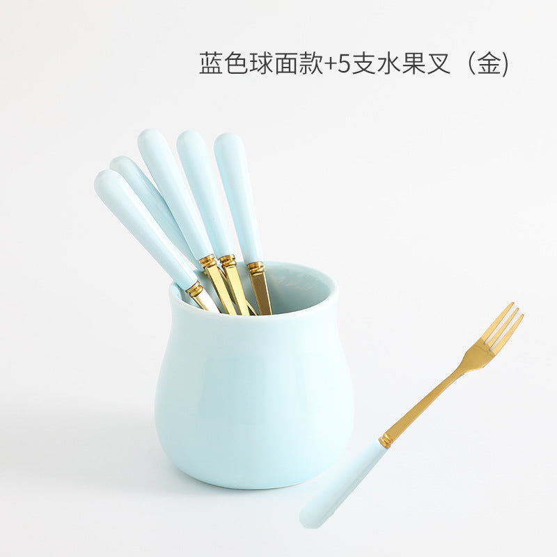 Nordic creative fruit fork spoon ceramic storage jar set - premium stainless steel fruit forks & home mooncake cutlery