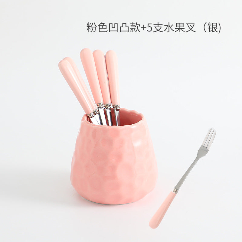 Nordic creative fruit fork spoon ceramic storage jar set - premium stainless steel fruit forks & home mooncake cutlery