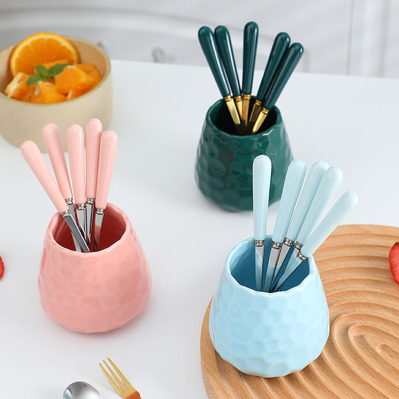 Nordic creative fruit fork spoon ceramic storage jar set - premium stainless steel fruit forks & home mooncake cutlery