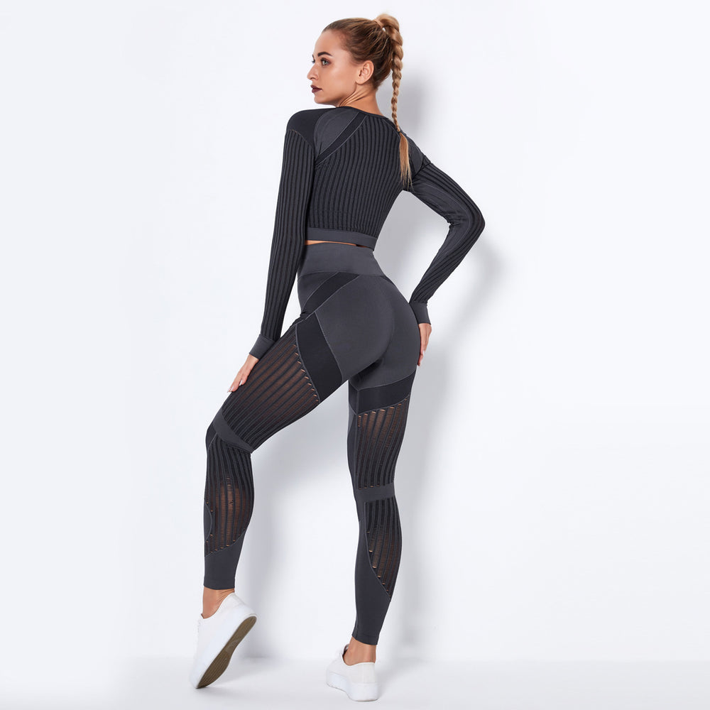 European and american seamless yoga outfit - shaping, quick-dry activewear set with butt-lifting, tight-fitting, striped, and cutout design - two-piece fitness leggings
