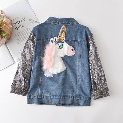 Spring/autumn korean style girls' sequin long-sleeve denim top, trendy unicorn denim jacket for baby girls