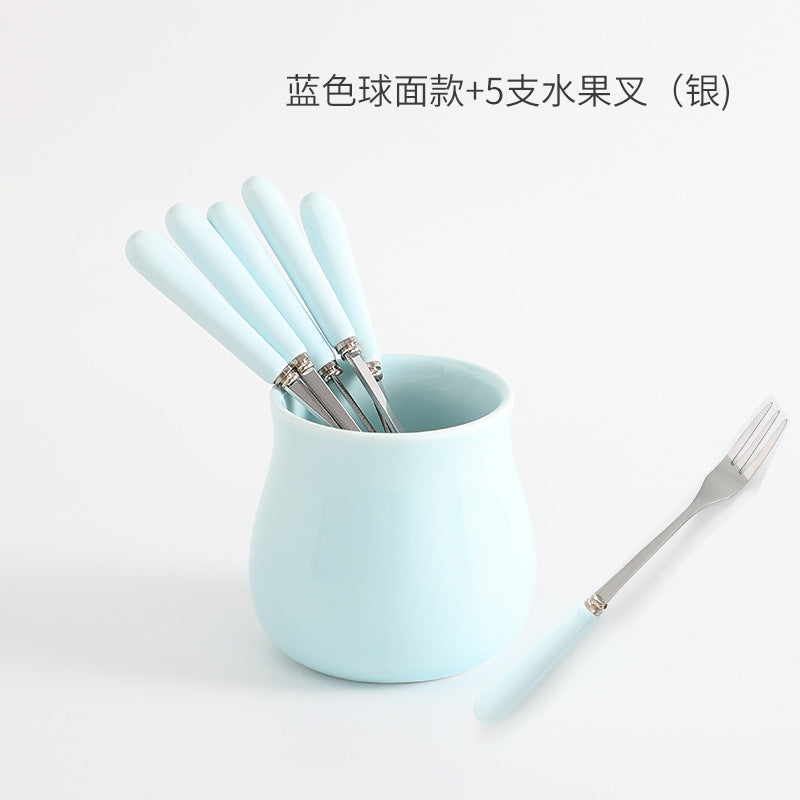Nordic creative fruit fork spoon ceramic storage jar set - premium stainless steel fruit forks & home mooncake cutlery