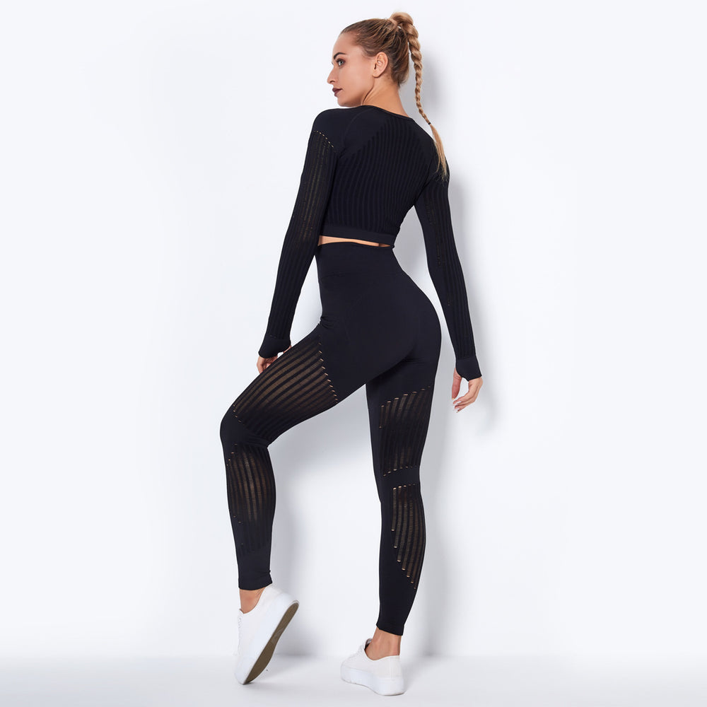 European and american seamless yoga outfit - shaping, quick-dry activewear set with butt-lifting, tight-fitting, striped, and cutout design - two-piece fitness leggings